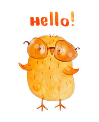 Chick in sunglasses. Hello! Watercolor