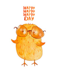 Chick in sunglasses. Happy day. Watercolor
