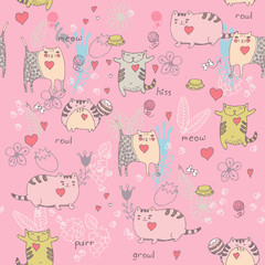 Cats seamless pattern in doodle style. Cat and kitten