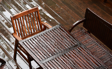 Wet garden table with chairs after the rain