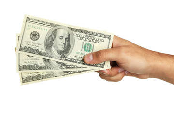 A Men hand holding hundred dollars bill on white background