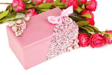 Beautiful casket on white fabric
