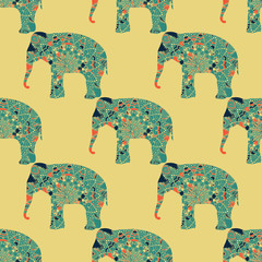 Vector seamless pattern with the patterned elephants