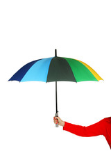 Colorful opened umbrella in hand