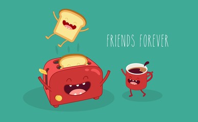 Toaster and funny toasted bread and coffee cup.  - 84039899