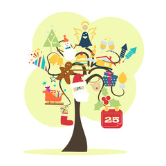 background with Christmas tree decorated with colored icons