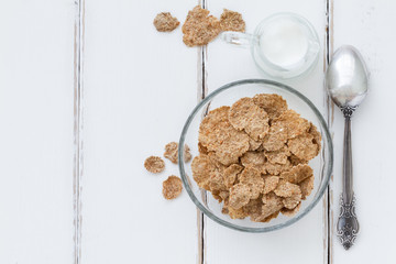 Bran flakes - top view healthy breakfast composition 