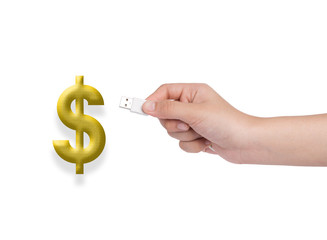 female hold USB cable with dollar sign