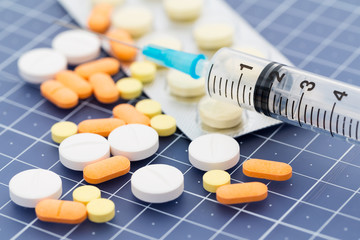 Syringe and medication pill drug