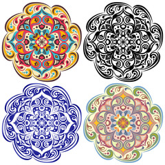 Set of  floral tatoo. Mandala in vintage & blue & oriental color