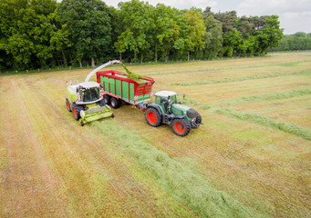 Luftaufnahme, Landtechnik bei der Ernte von Grassilage