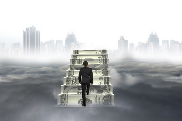 Business man climb on money stairs with city landscape cloudscap