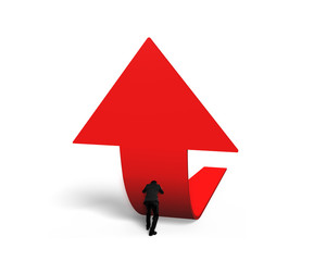Man pushing red trend 3D arrow upward