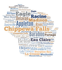 Word Cloud showing cities in Wisconsin