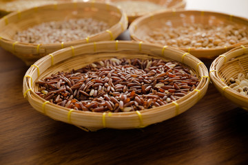 Wooden table of colorful spices
