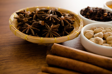Wooden table of colorful spices