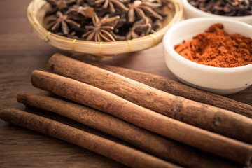 Wooden table of colorful spices