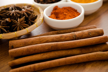 Wooden table of colorful spices