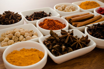 Wooden table of colorful spices
