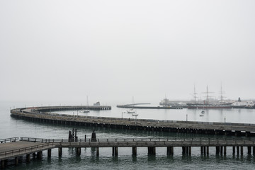 Curvy piers in Aquatic Park Cove, San Francisco, California.