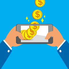 Hands holding smart phone and Earning Big Coins