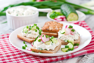 Sandwich with cottage cheese, radish, black pepper and cucumber