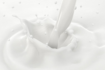 Pouring milk splash and drops with ripples, close-up view.