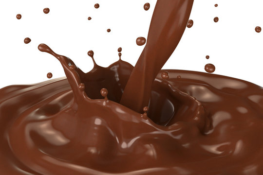 Splash of hot chocolate with pouring on white background.