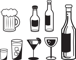 Various alcoholic drink outlines in black and white 
