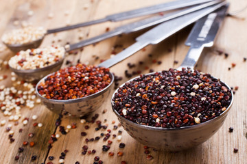Mix of quinoa grain in metal measuring spoons