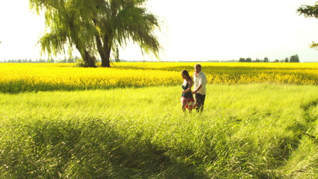 A happy young couple runs through a green meadow with a large willow tree in the background