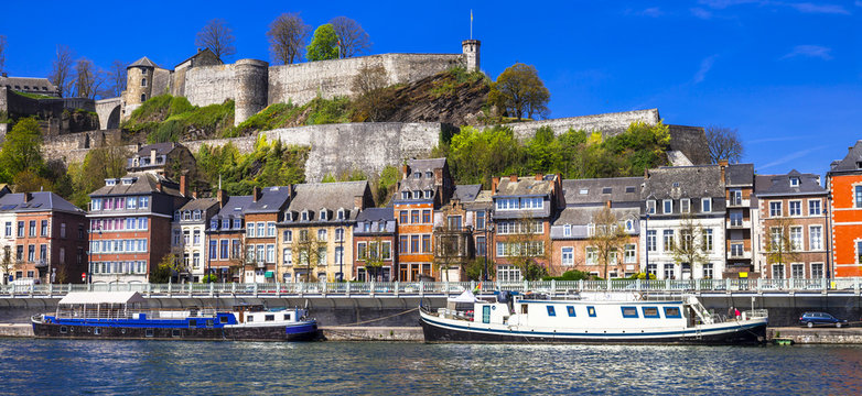 Panoramic view medieval citadel in Namur, Belgium from the river
