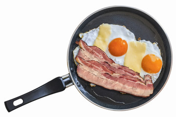 Belly Bacon Rashers And Eggs In Teflon Frying Pan Isolated.