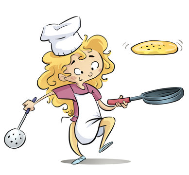 niña cocinando con sarten