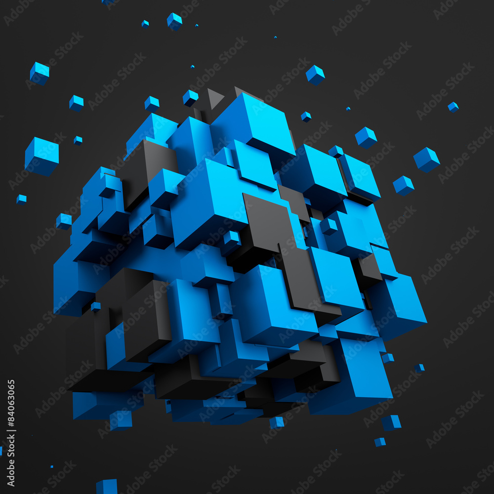 Poster abstract 3d rendering of flying cubes.
