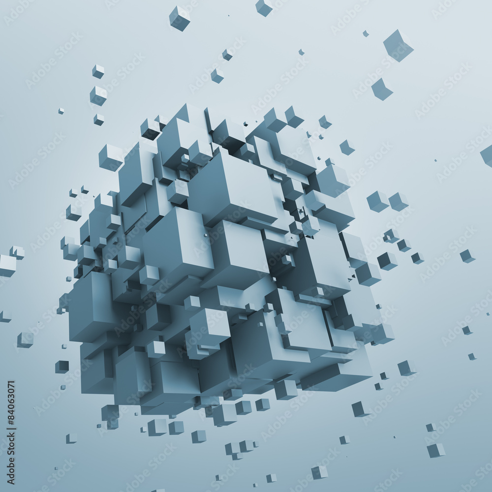 Poster abstract 3d rendering of flying cubes.