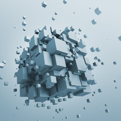 Abstract 3d rendering of flying cubes.