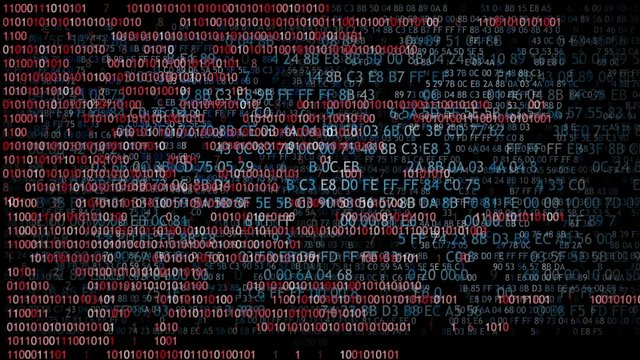 Binary code. Hexadecimal code running up a computer screen. Blue digits.