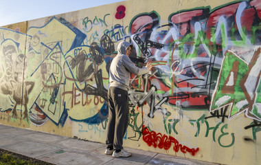 Teen with spray can on graffiti wall