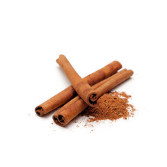 Cinnamon sticks and powder on white background