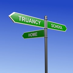 Signpost pointing three directions - school, truancy and home.