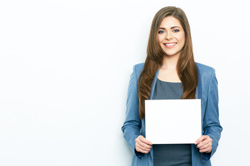 Naklejka premium Business Woman hold white card. female model with long hair.