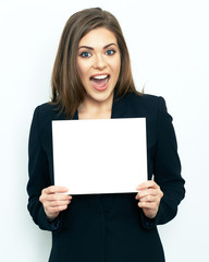 Fototapeta premium Happy emotional business woman show white sign card.