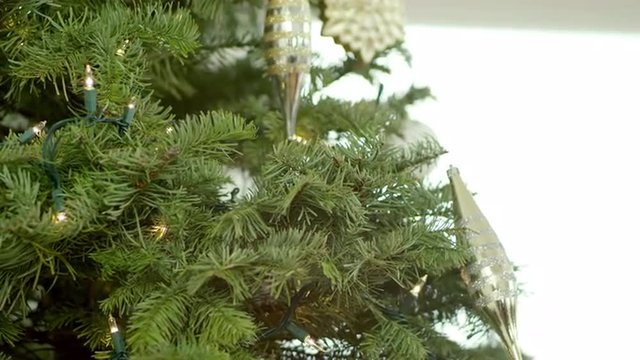 A christmas tree ornament is placed on a branch