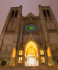 Grace Cathedral Church front facade at dusk. Nob Hill, San Francisco, California, USA.