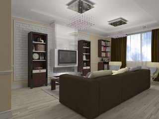 3D illustration of a drawing room and kitchen in style eclectici