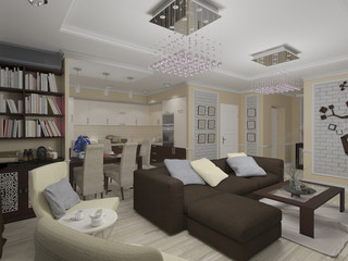 3D illustration of a drawing room and kitchen in style eclectici