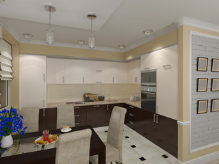 3D illustration of a drawing room and kitchen in style eclectici