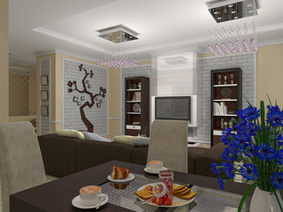 3D illustration of a drawing room and kitchen in style eclectici