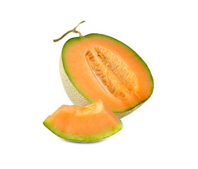ripe orange melon with stem on white background